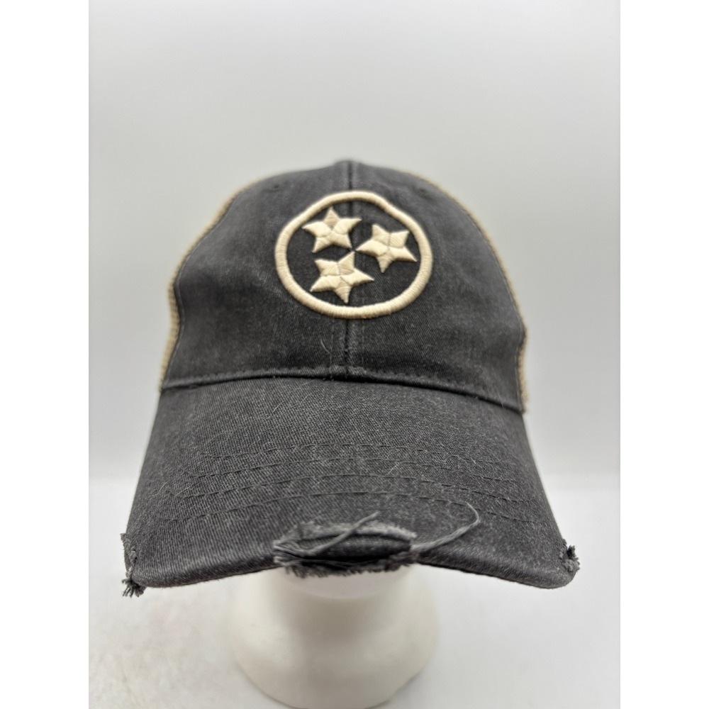 Cotton Mule Tennessee Tristar Trucker Hat Grey Tan Distressed Mesh Snapback Cap